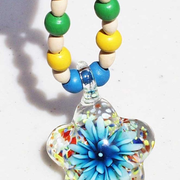 BLOWN GLASS FLOWER WITH BLUE LAMPWORK GLASS, 24 INCHES LONG, ON SATIN CORD WITH - Picture 1 of 2